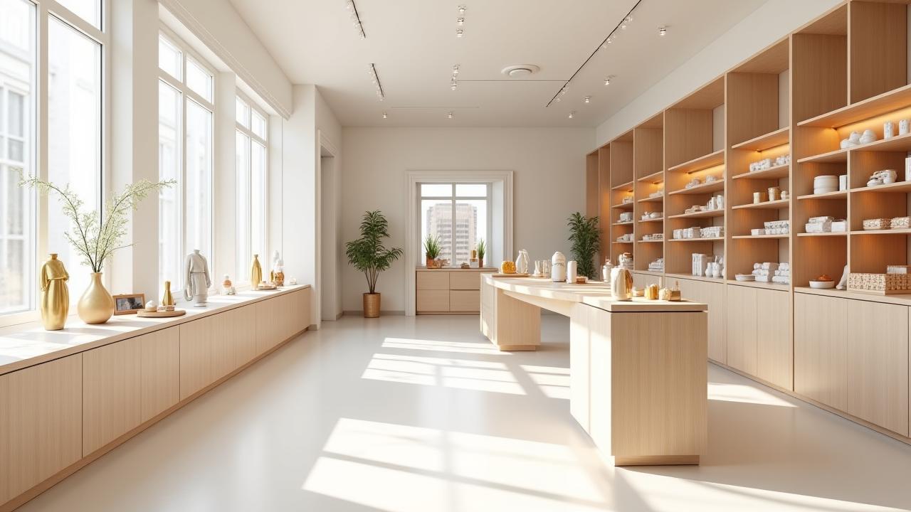 Intérieur élégant et lumineux de la boutique Brise Blanche avec des présentoirs en bois clair et des touches de couleurs florales.