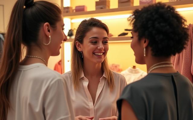 Photo de l'équipe de Brise Blanche en discussion dans un coin cosy de la boutique, montrant une atmosphère de travail conviviale.