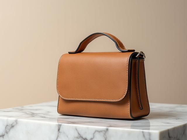 Gros plan sur un sac à main en cuir pleine fleur camel de qualité supérieure, posé sur une table en marbre clair.