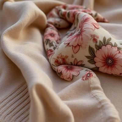 Foulard en soie coloré délicatement noué autour du cou d'un pull en cachemire beige.