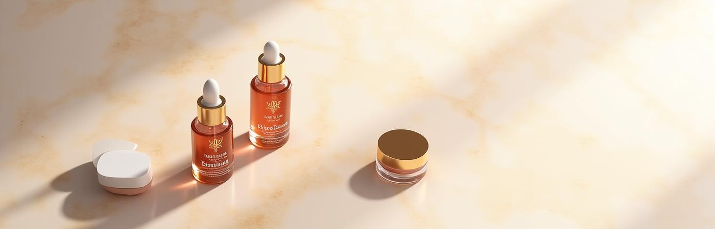 Composition artistique de produits de soins et de maquillage haut de gamme de Brise Blanche sur fond clair