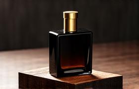 Flacon de parfum sur une table en bois foncé, ambiance feutrée et mystérieuse pour Boisé