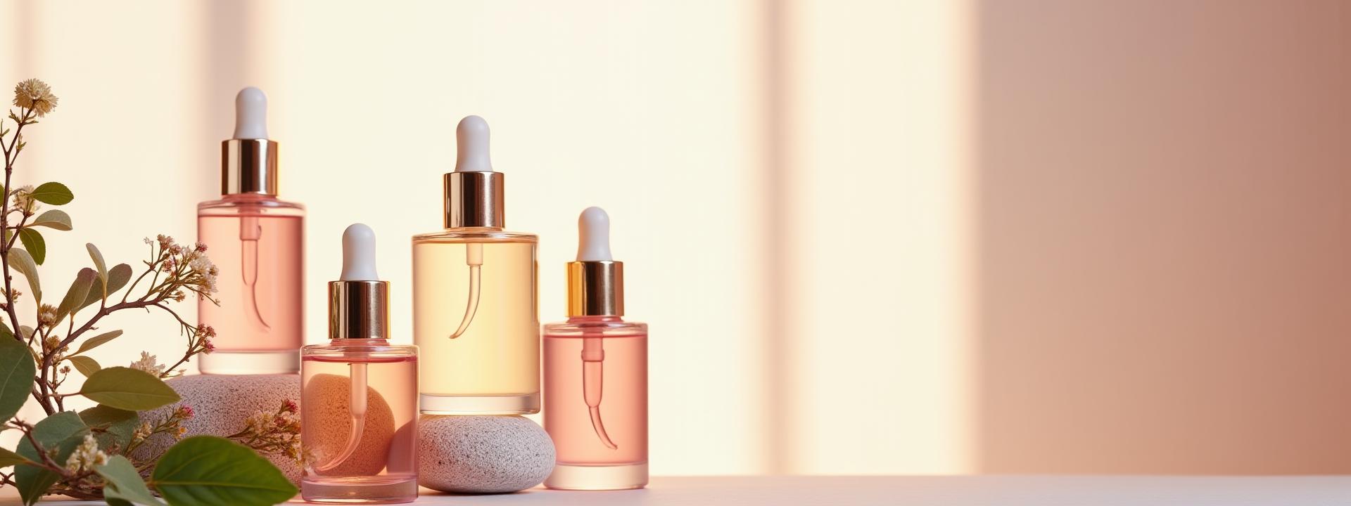 Gros plan sur des plantes et des huiles naturelles dans des flacons esthétiques, évoquant la pureté et le luxe des cosmétiques clean.