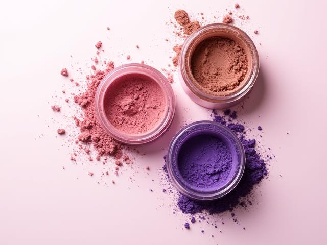 Mise au point sur des poudres de maquillage minérales aux couleurs riches et vibrantes, tenues dans des godets élégants.