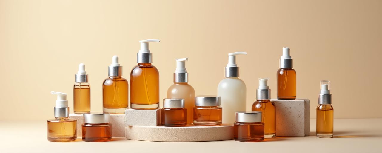 Assortiment de flacons cosmétiques en verre ambré et transparent, symbolisant la durabilité et la réutilisation.