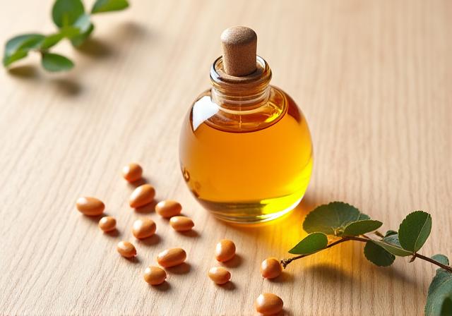 Bouteille d'huile de Jojoba dorée et graines de Jojoba sur une surface en bois clair
