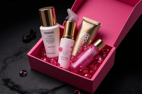 Trésor de produits de beauté et soins haut de gamme, avec un ruban soyeux.