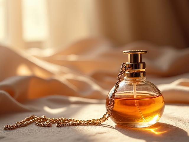 Coffret Coup de Foudre, présentant un flacon de parfum ambré et un délicat collier en or rose assorti.