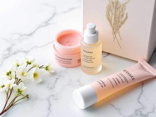 Coffret Rituel Matinal Brise Blanche ouvert avec produits de soin essentiels: flacon, sérum, crème.