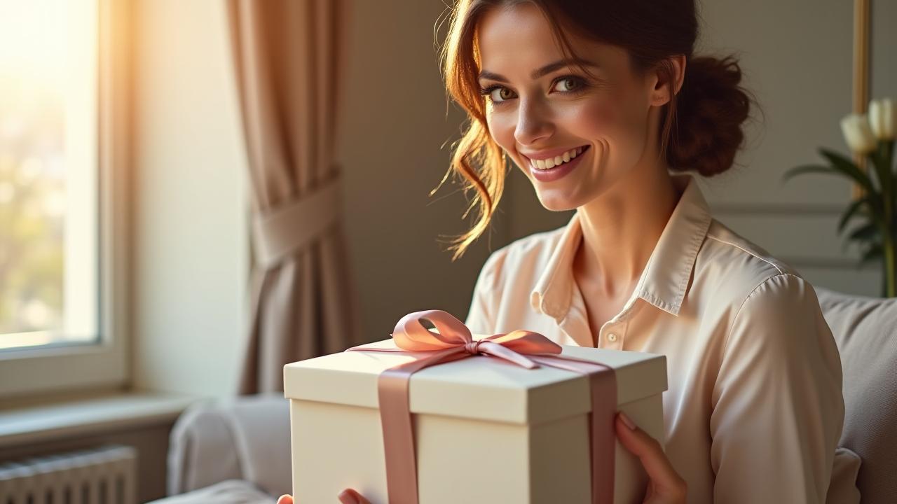 Une femme ouvre un coffret cadeau Brise Blanche, son visage illuminé de surprise et de joie dans un intérieur parisien chic.