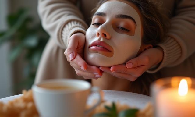 Femme se relaxant avec un masque de soin et une bougie allumée, moment de bien-être personnel.
