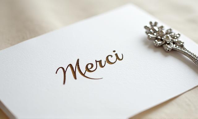 Petit mot de remerciement manuscrit sur une carte Brise Blanche avec un accessoire délicat.