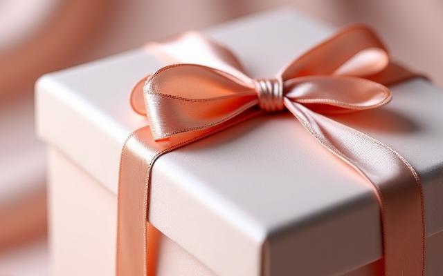 Gros plan sur une boîte cadeau Brise Blanche fermée par un ruban de soie, avec une étiquette personnalisée.