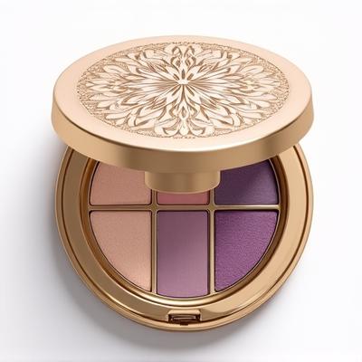 Palette de fards à paupières pastel avec un boîtier orné d'un motif floral printanier.