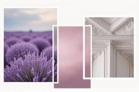 Mood board de trois couleurs harmonieuses (lavande, rose poudré, blanc cassé) illustrées dans un collage de style parisien.