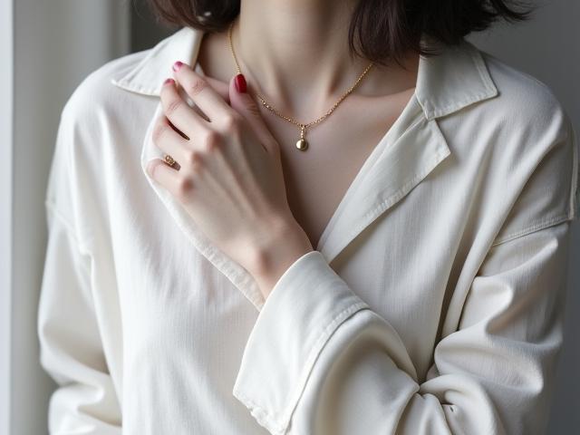 Image éditoriale en noir et blanc montrant une chemise en lin blanc avec des boutons délicats et un collier minimaliste en or fin. Focus sur la texture et les lignes nettes.