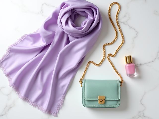 Mise en scène de produits pastel : un vernis à ongles rose poudré, un foulard en soie lavande, et un petit sac à main vert d'eau, disposés élégamment sur une surface en marbre blanc.