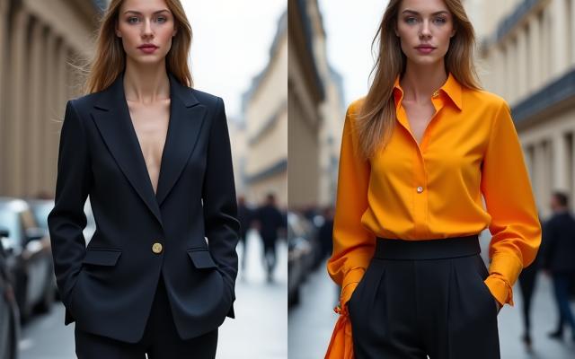 Image avant/après illustrant le passage d'un style d'entreprise standard à un look chic et décontracté parisien.