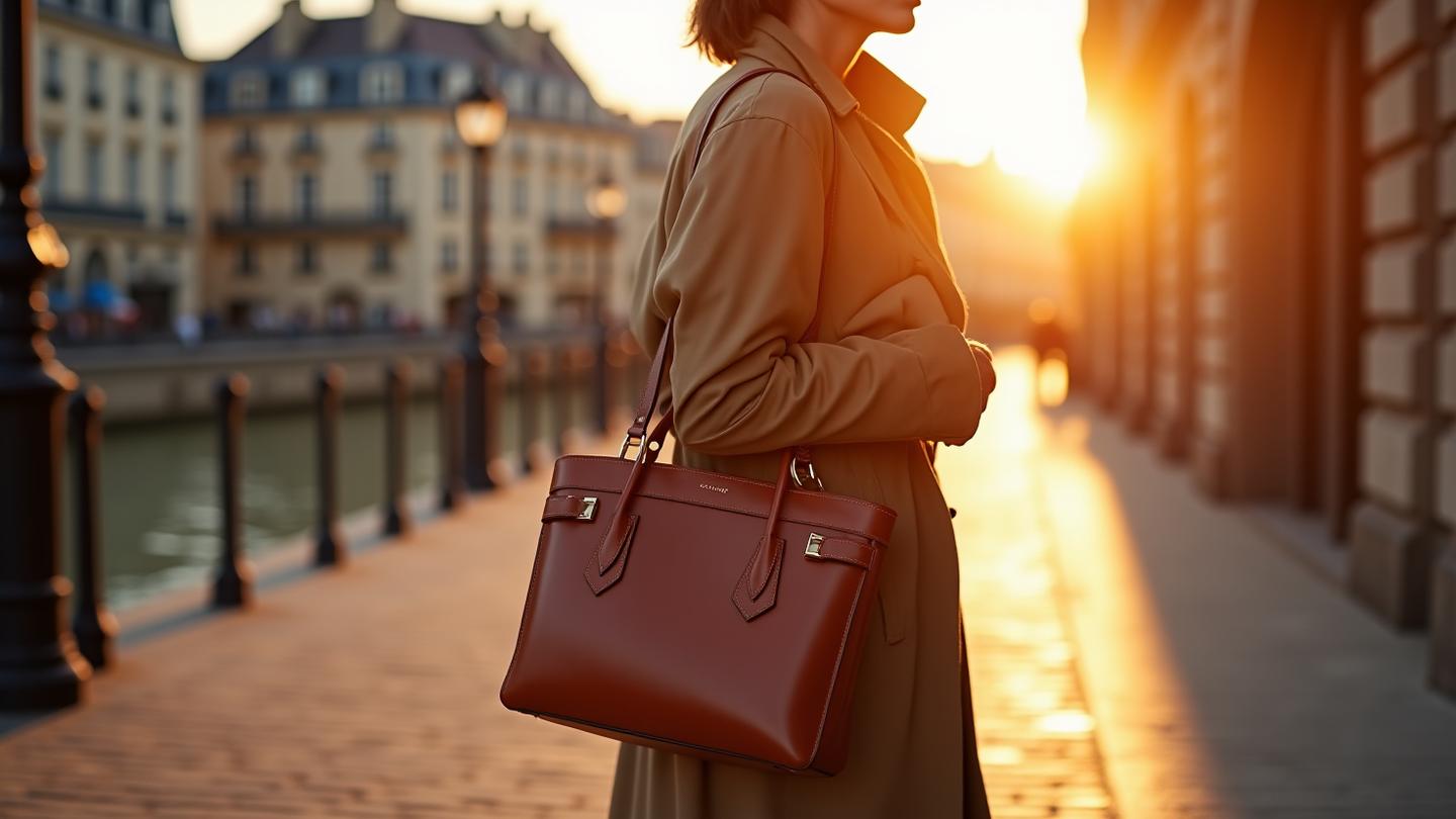 Une femme à l'allure parisienne chic portant un sac upcyclé élégant, marchant dans une rue baignée de lumière près de la Seine. Style moderne et conscience écologique alliés.
