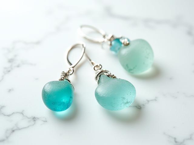 Des bijoux raffinés (colliers et boucles d'oreilles) fabriqués à partir de verre de mer et de plastique océanique recyclé, sur fond épuré.