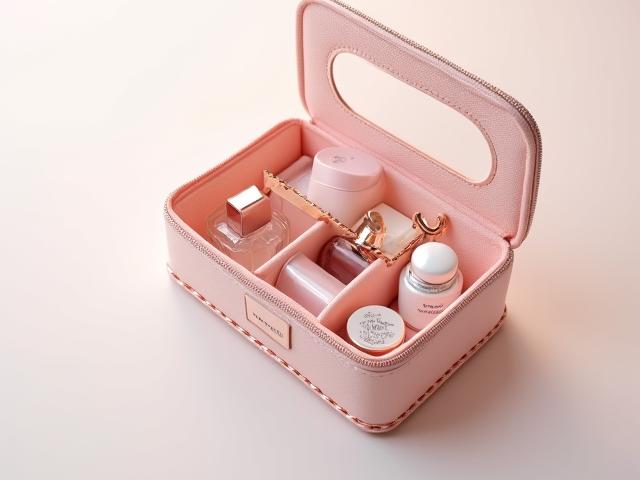 Une élégante pochette de voyage transparente contenant des produits de beauté taille voyage, prêts pour des retouches rapides.