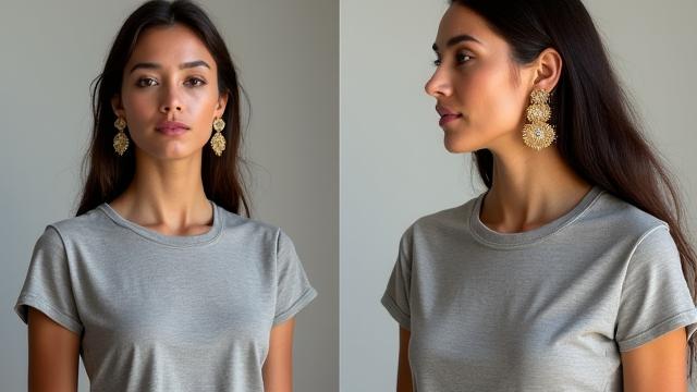 Photo avant et après montrant une femme avec une tenue simple, puis la même femme avec des boucles d'oreilles statement ajoutant de l'éclat.