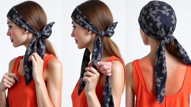 Une série de quatre photos montrant différentes façons de nouer un foulard de soie élégant (cou, sac, cheveux, poignet).