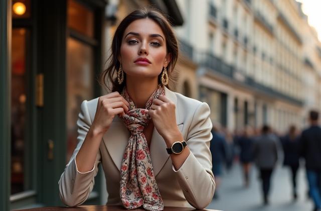 Une femme d'affaires dans un café parisien ajustant un foulard, incarnant l'élégance rapide de la routine 10 minutes.