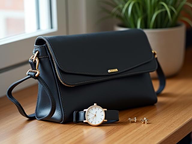 Un sac en cuir structuré et un ensemble de bijoux minimalistes posés sur un bureau en chêne clair.