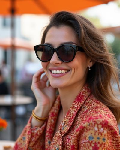 Femme prenant un café sur une terrasse du Marais avec un look décontracté chic, foulard et lunettes de soleil.