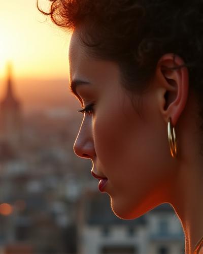 Gros plan sur un chapeau et des boucles d'oreilles délicates de femme regardant la ville depuis Montmartre.
