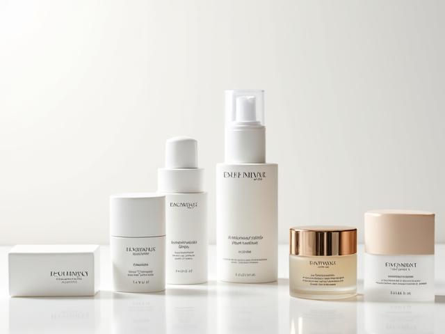 Gros plan sur une sélection de produits minimalistes de routine matinale, organisés sur une coiffeuse blanche sous un éclairage doux.