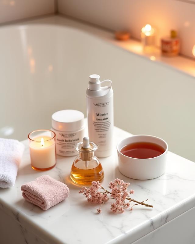 Ambiance zen et cocooning, avec un masque facial, une bougie parfumée et un livre sur un plateau dans une baignoire luxueuse